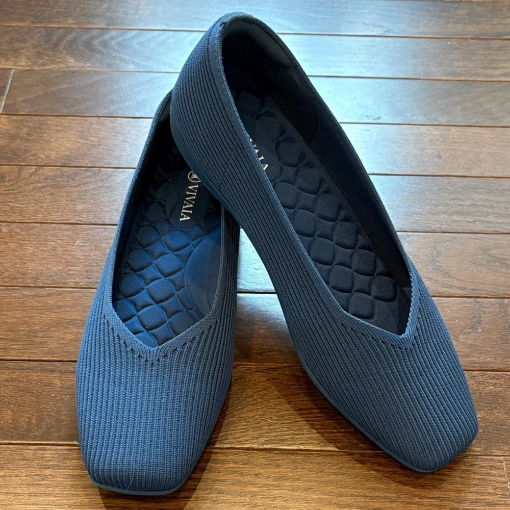 VIVAIA Margot Ballet Flats NWOB Square Toe V Cut Knit Navy Blue Size 40 (9-9.5) - Picture 1 of 13